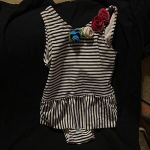 Circo Black and White Striped Kids Swim One Piece